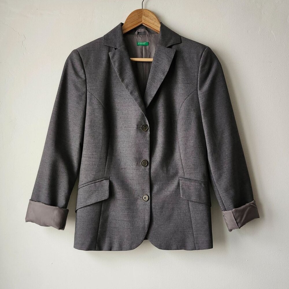United Colors Of Benetton Womens Fitted Grey Blazer Made in Italy 100% Lana Wool